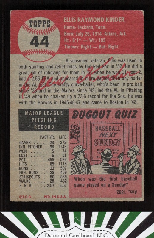 1953 Topps #44a Ellis Kinder FR a, back