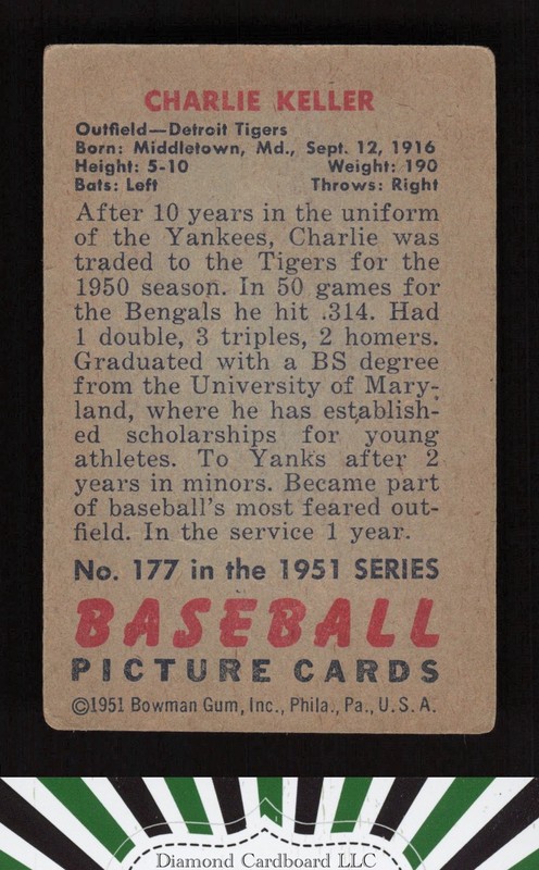 1951 Bowman #177 Charlie Keller VG, back