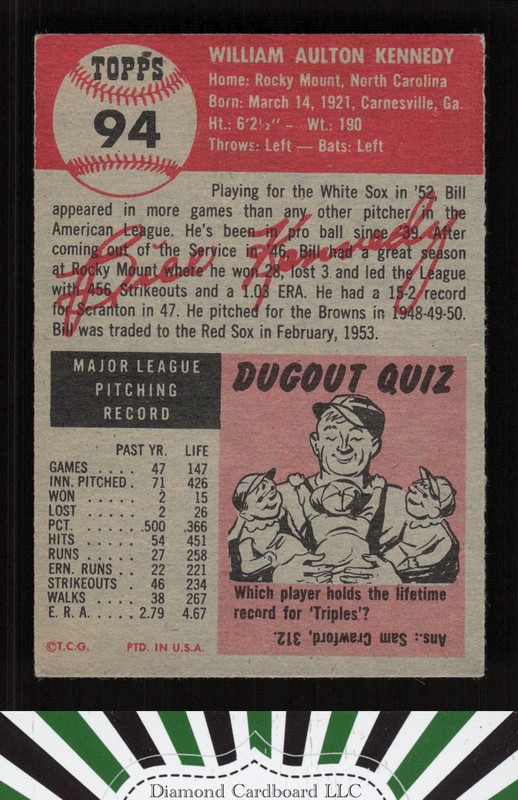 1953 Topps #94 Bill Kennedy : Bio uses white text VGEX g, back