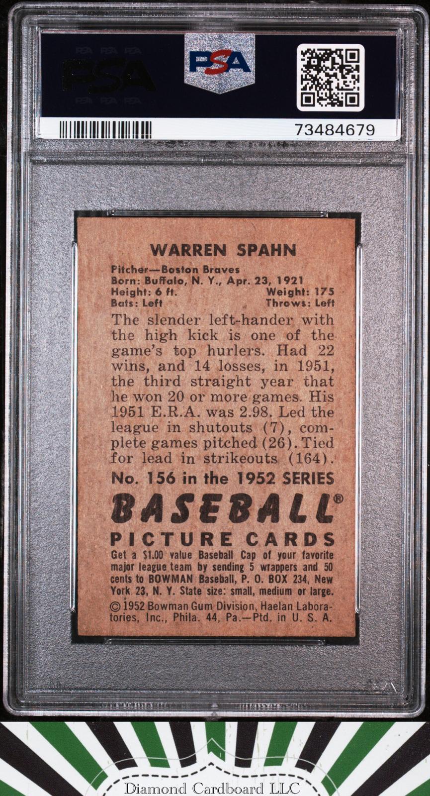 1952 Bowman #156 Warren Spahn PSA 4, back
