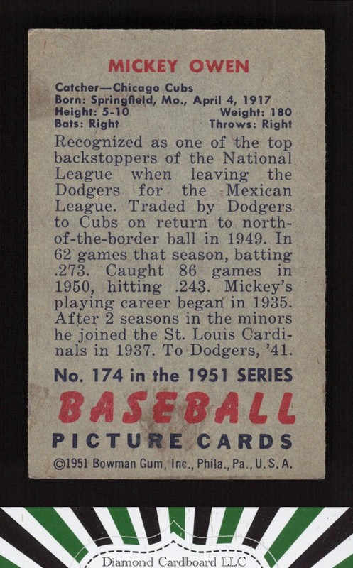 1951 Bowman #174 Mickey Owen VGEX, back