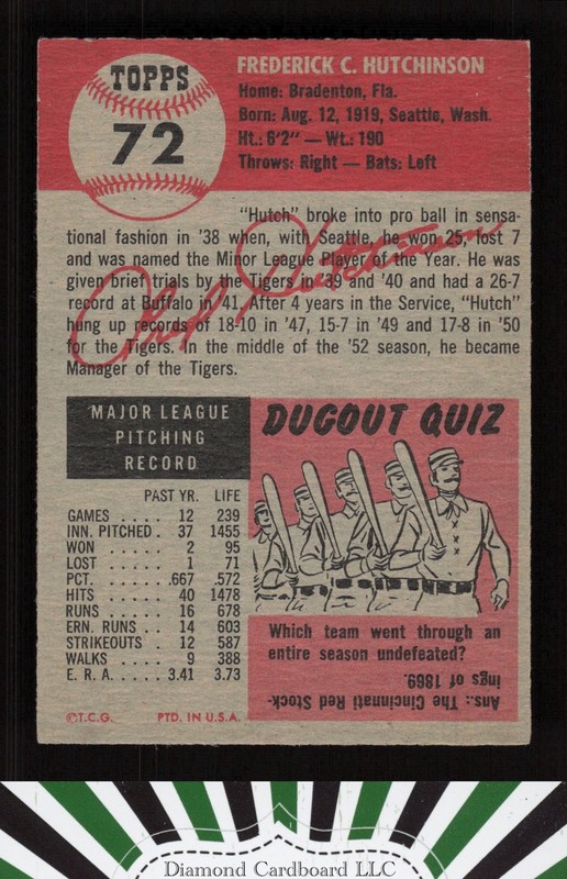1953 Topps #72 Fred Hutchinson VGEX f, back
