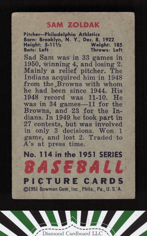 1951 Bowman #114 Sam Zoldak GD, back