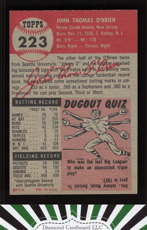 1953 Topps #223 Johnny O'Brien EX (*ALTERED* COLOR ADDED) g, back