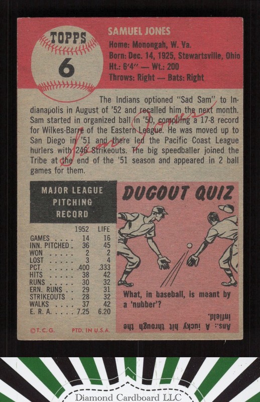 1953 Topps #6 Sam Jones VG+ i, back