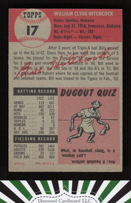 1953 Topps #17 Billy Hitchcock NM g, back