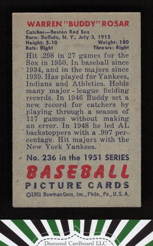 1951 Bowman #236 Buddy Rosar VGEX, back