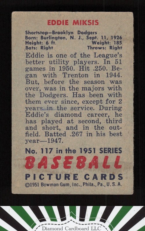 1951 Bowman #117 Eddie Miksis VG+, back