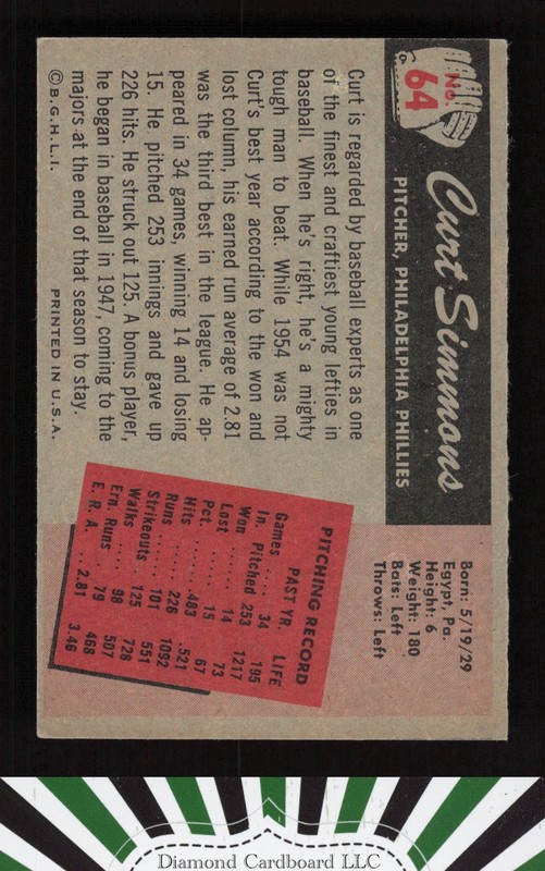1955 Bowman #64 Curt Simmons VG+, back