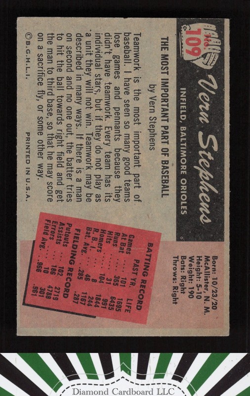 1955 Bowman #109 Vern Stephens VGEX, back