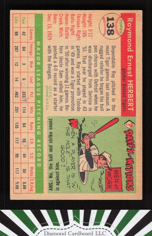 1955 Topps #138 Ray Herbert VGEX+ k, back