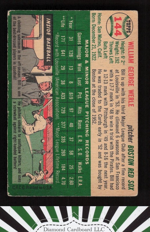 1954 Topps #144 Bill Werle VG l, back