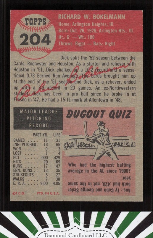 1953 Topps #204 Dick Bokelmann EXMT+ i, back