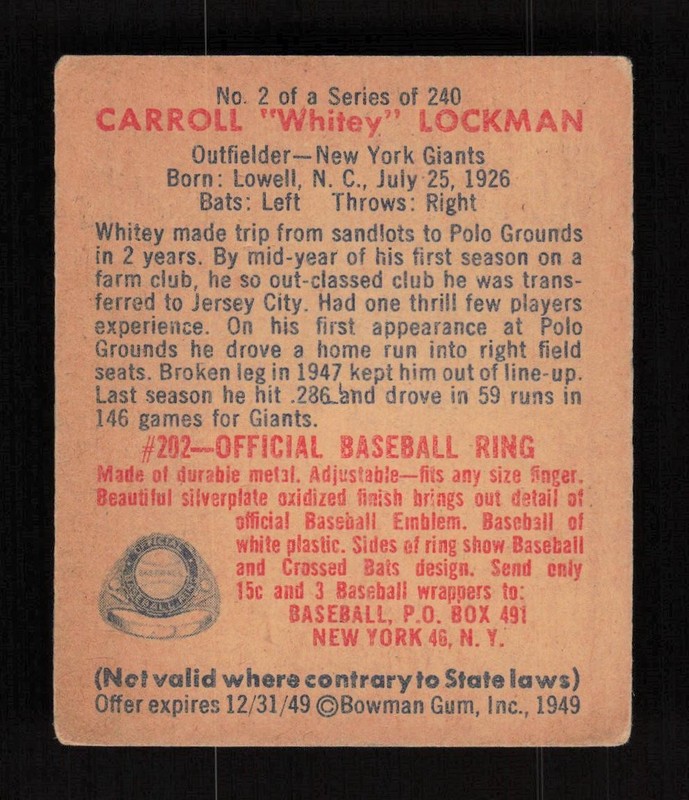 1949 Bowman #2 Carroll "Whitey" Lockman GD, back
