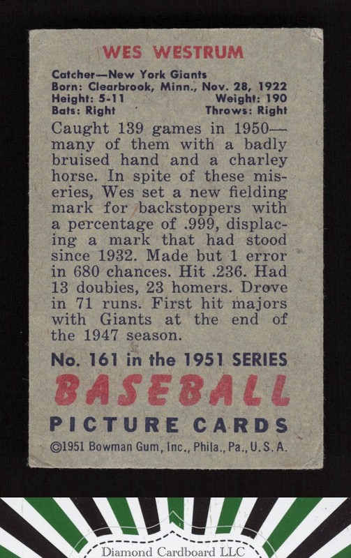 1951 Bowman #161 Wes Westrum VG, back
