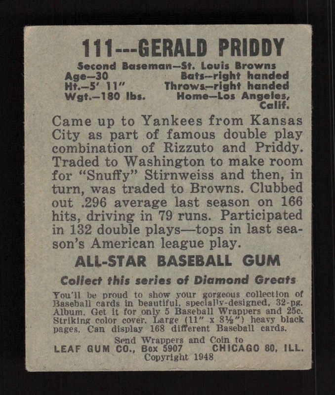 1948 Leaf #111 Gerald Priddy VGEX, back