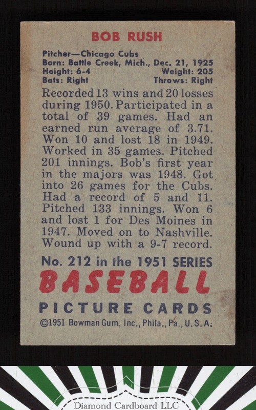 1951 Bowman #212 Bob Rush EX, back