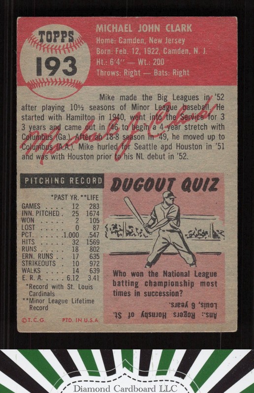 1953 Topps #193 Mike Clark VG+ i, back