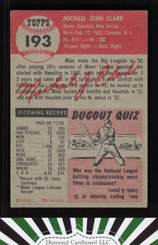 1953 Topps #193 Mike Clark VG+ a, back