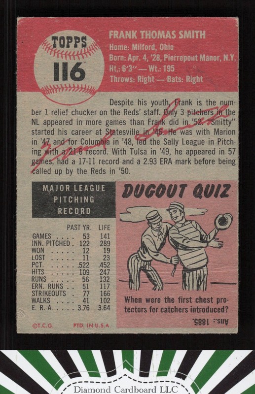 1953 Topps #116 Frank Smith : Bio uses white text VGEX c, back