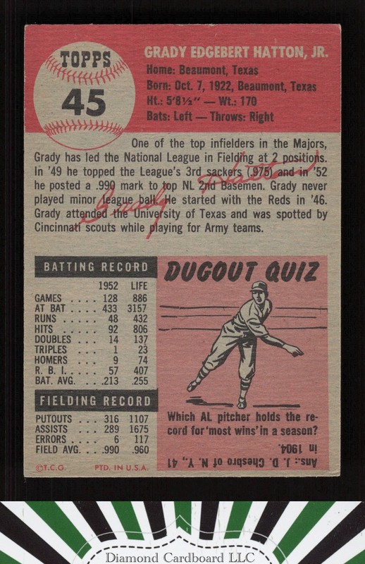 1953 Topps #45 Grady Hatton EX j, back