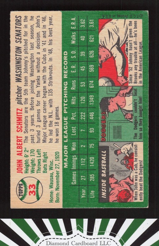 1954 Topps #33 Johnny Schmitz VGEX+ [CENTERED] c, back
