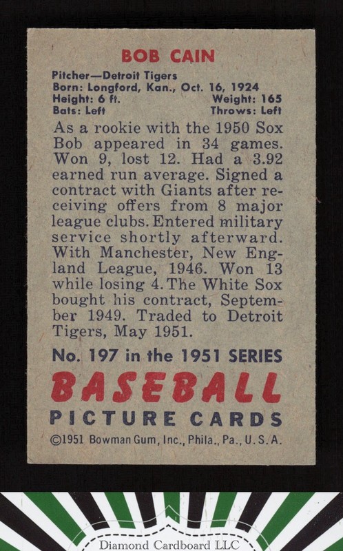 1951 Bowman #197 Bob Cain VGEX+, back