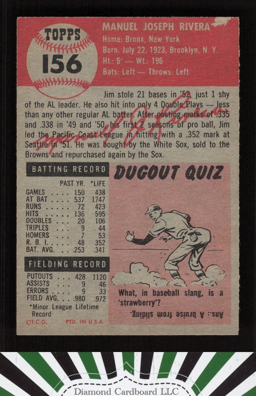 1953 Topps #156 Jim Rivera : Bio uses white text EX d, back