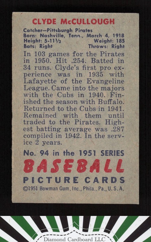 1951 Bowman #94 Clyde McCullough EX, back