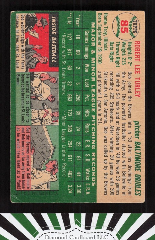 1954 Topps #85 Bob Turley VG d, back