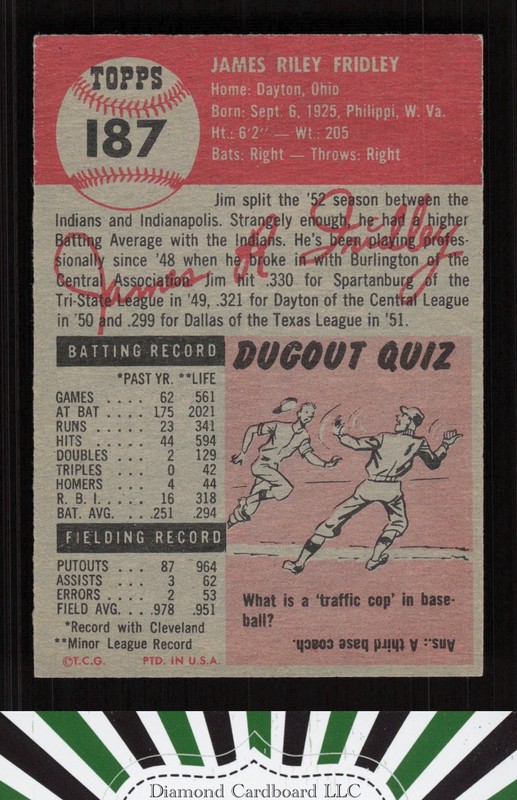 1953 Topps #187 Jim Fridley VGEX+ i, back