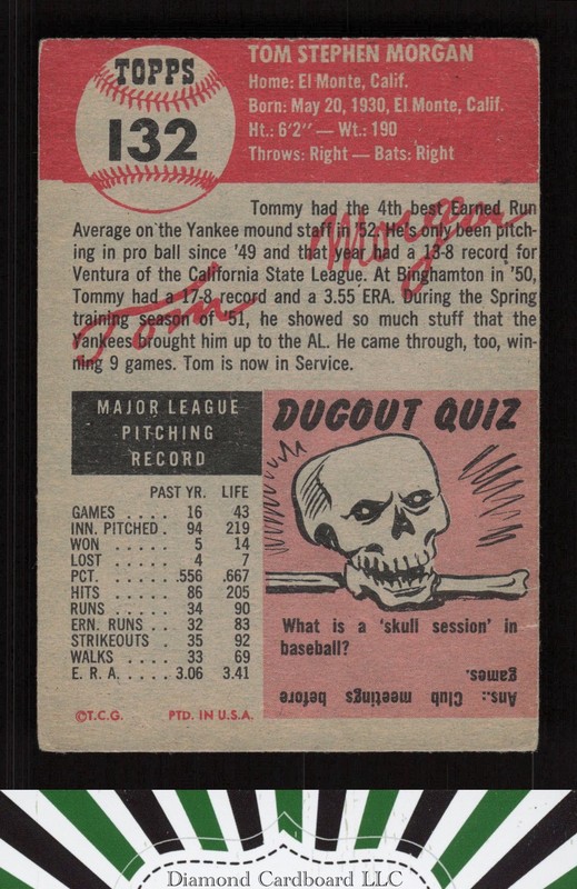1953 Topps #132 Tom Morgan : Bio uses white text FR (MC) b, back