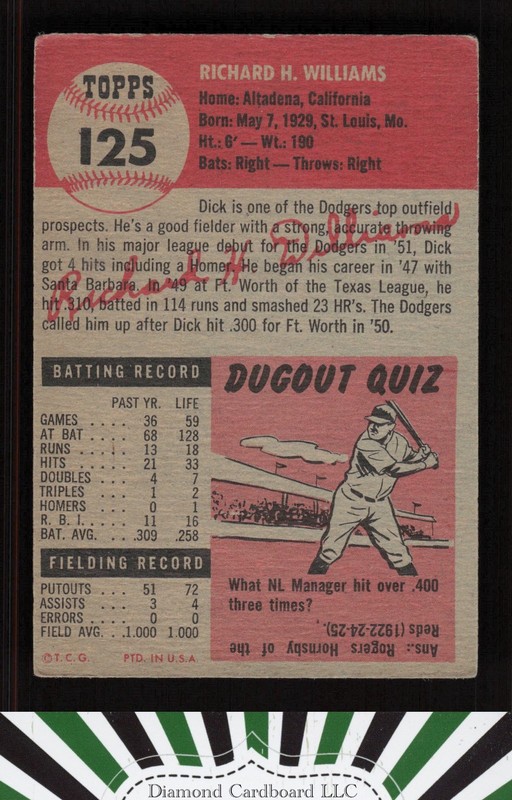 1953 Topps #125 Dick Williams : Bio uses black text VG e, back