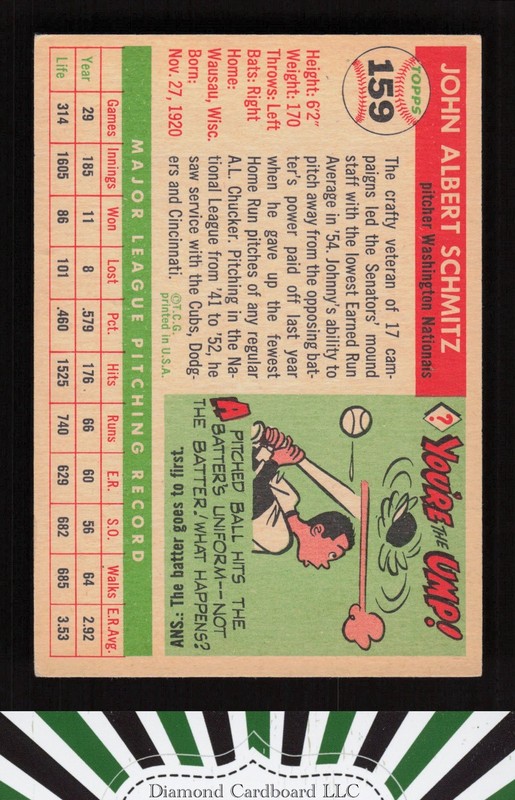1955 Topps #159 Johnny Schmitz EX+ d, back