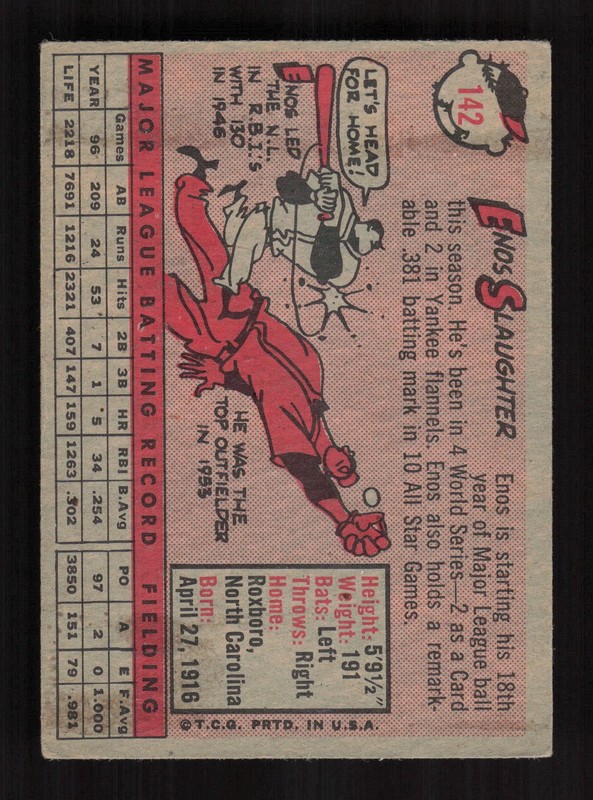 1958 Topps #142 Enos Slaughter VG+ d, back