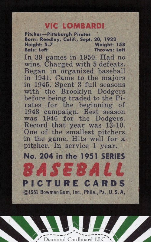 1951 Bowman #204 Vic Lombardi VGEX+, back