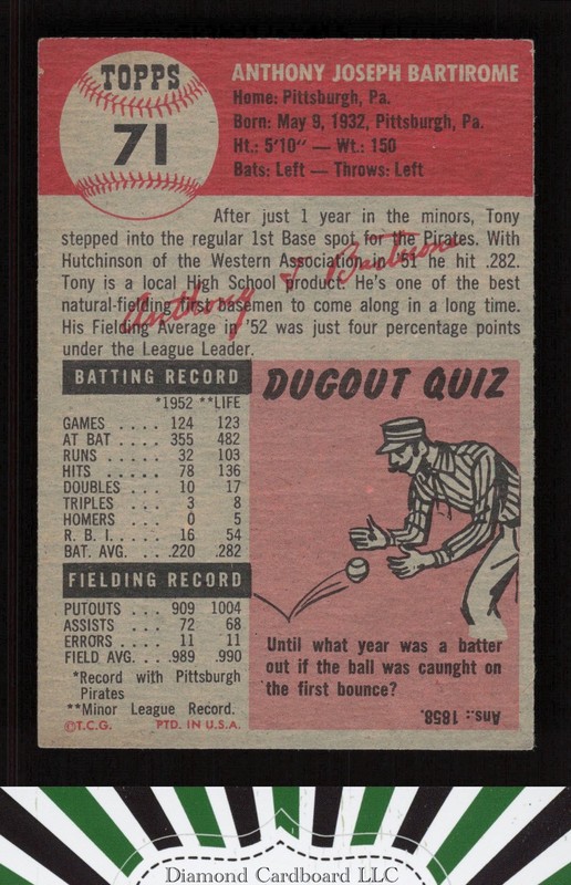 1953 Topps #71 Tony Bartirome VGEX+ [GOOD EYE APPEAL] j, back