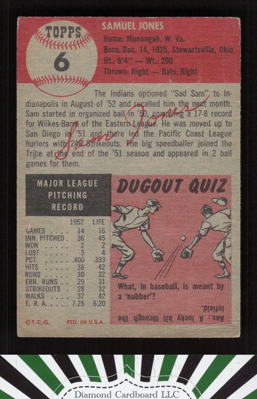 1953 Topps #6 Sam Jones VG [CENTERED] d, back