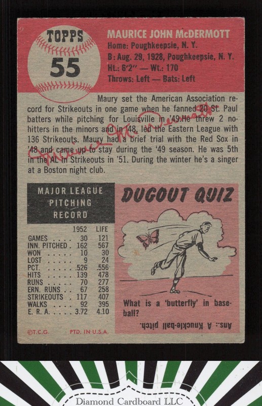 1953 Topps #55 Maurice McDermott VG+ c, back