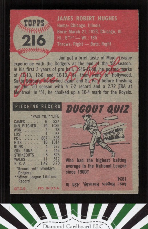 1953 Topps #216 Jim Hughes NM j, back