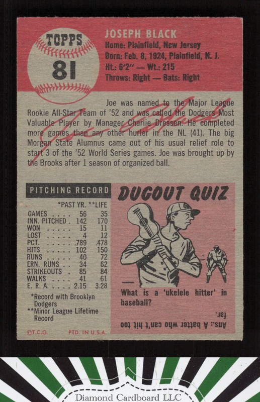 1953 Topps #81 Joe Black : Bio uses black text VGEX+ f, back