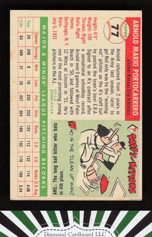 1955 Topps #77 Arnold Portocarrero VGEX h, back