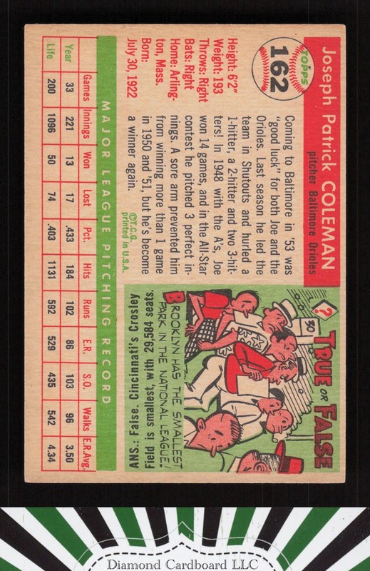 1955 Topps #162 Joe Coleman EXMT f, back