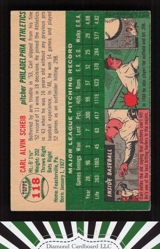 1954 Topps #118 Carl Scheib VGEX (MC) d, back