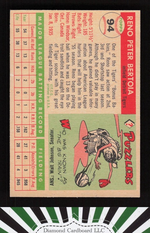 1955 Topps #94 Reno Bertoia VGEX+ m, back