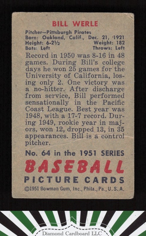 1951 Bowman #64 Bill Werle GD, back