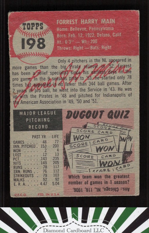 1953 Topps #198 Forrest Main PR c, back
