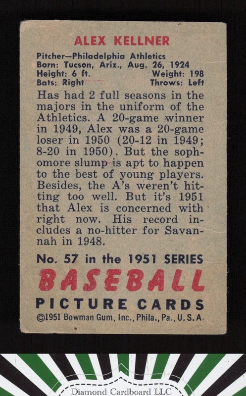 1951 Bowman #57 Alex Kellner GD, back