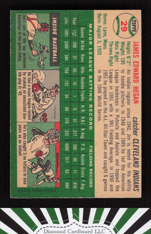 1954 Topps #29 Jim Hegan EX k, back