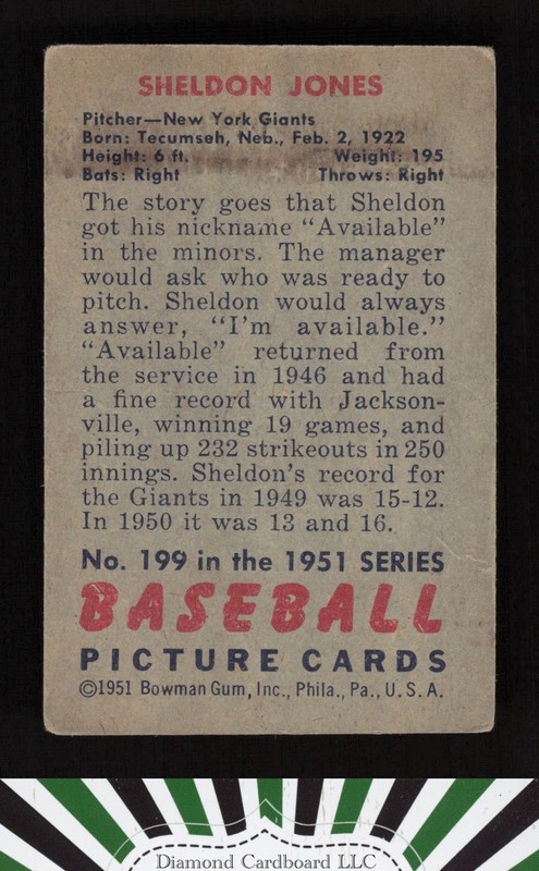 1951 Bowman #199 Sheldon Jones GD, back